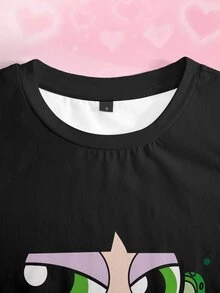 THE POWERPUFF GIRLS X SHEIN Women's Cartoon Print Round Neck Short Sleeve Casual Y2k Streetwear Slim Fit T-Shirt Everyday Night Out Black Summer - White - View 5