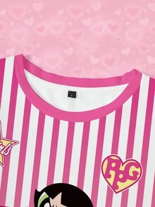 THE POWERPUFF GIRLS X SHEIN 女款條紋字母卡通印花休閒日常短袖T恤 - 白色 - 查看 3