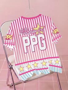 THE POWERPUFF GIRLS X SHEIN 女款條紋字母卡通印花休閒日常短袖T恤 - 白色 - 查看 2