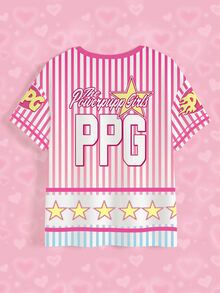 THE POWERPUFF GIRLS X SHEIN 女款條紋字母卡通印花休閒日常短袖T恤 - 白色 - 查看 8