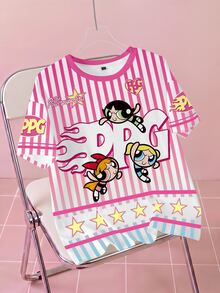 THE POWERPUFF GIRLS X SHEIN 女款條紋字母卡通印花休閒日常短袖T恤 - 白色 - 查看 1