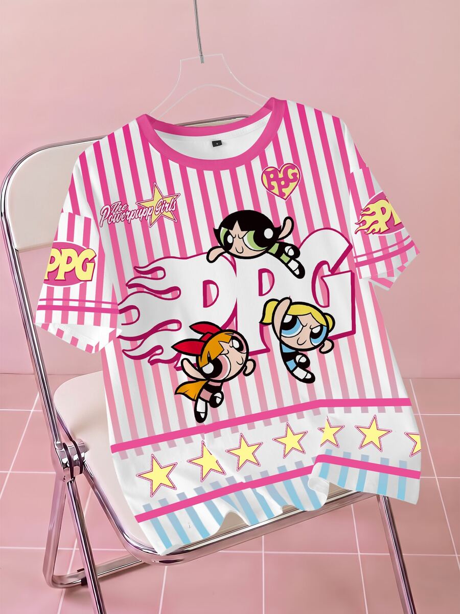 THE POWERPUFF GIRLS X SHEIN 女款條紋字母卡通印花休閒日常短袖T恤 - 白色 - 查看 1