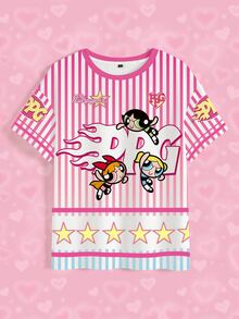 THE POWERPUFF GIRLS X SHEIN 女款條紋字母卡通印花休閒日常短袖T恤 - 白色 - 查看 7