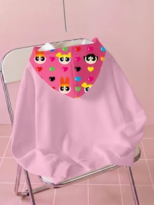 THE POWERPUFF GIRLS X SHEIN 女款卡通印花長袖休閒抽繩連帽衛衣 - 白色 - 查看 2