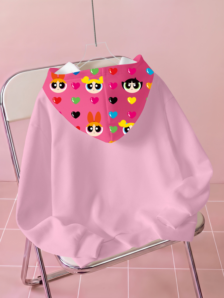 THE POWERPUFF GIRLS X SHEIN 女款卡通印花長袖休閒抽繩連帽衛衣 - 白色 - 查看 2