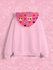 THE POWERPUFF GIRLS X SHEIN 女款卡通印花長袖休閒抽繩連帽衛衣 - 白色 - 查看 4