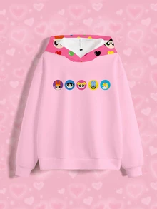 THE POWERPUFF GIRLS X SHEIN 女款卡通印花長袖休閒抽繩連帽衛衣 - 白色 - 查看 3