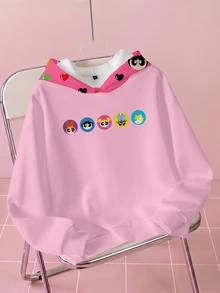 THE POWERPUFF GIRLS X SHEIN 女款卡通印花長袖休閒抽繩連帽衛衣 - 白色 - 查看 1