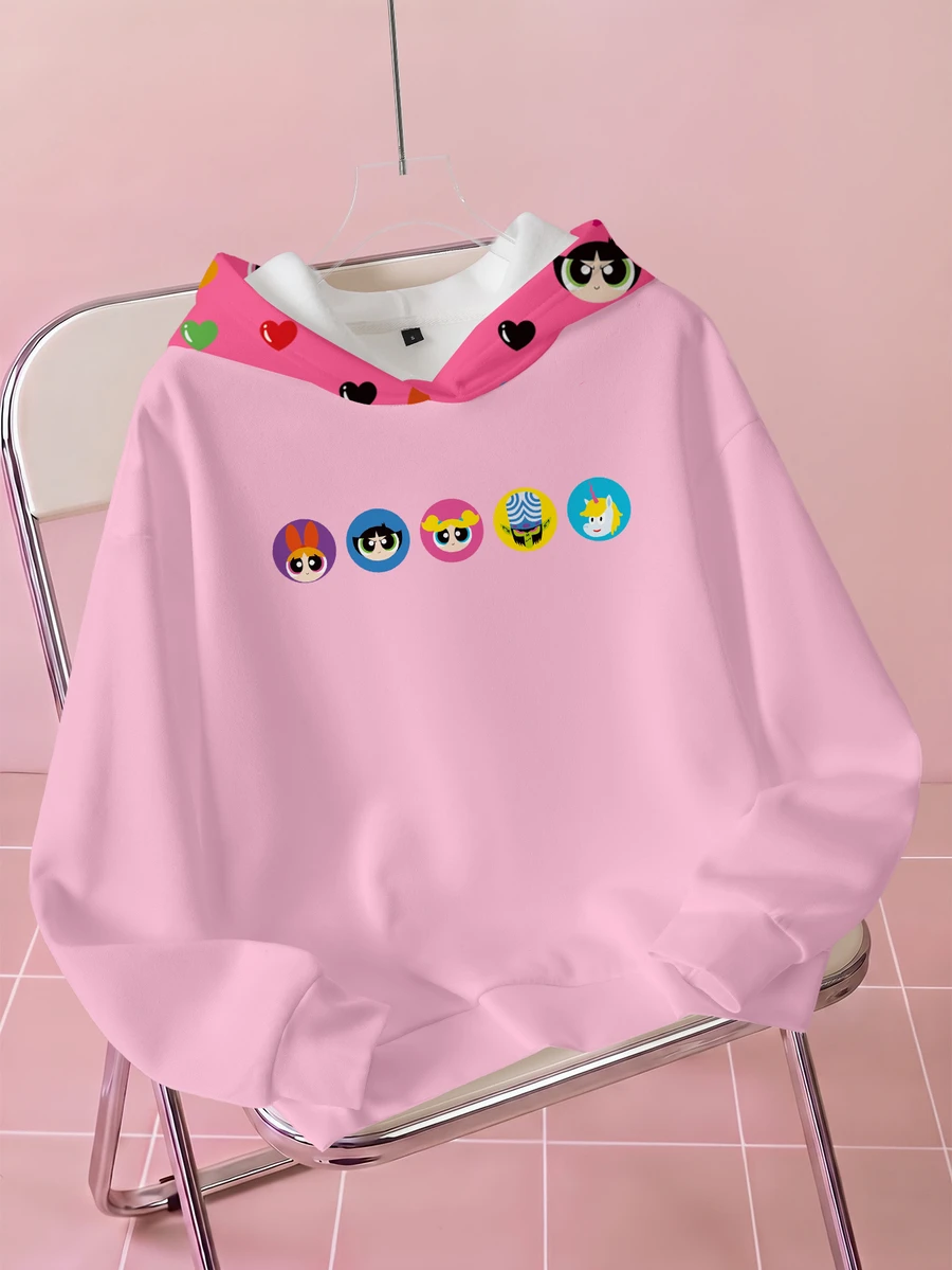 THE POWERPUFF GIRLS X SHEIN 女款卡通印花長袖休閒抽繩連帽衛衣 - 白色 - 查看 1