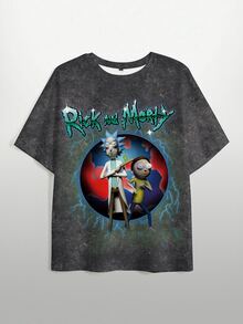 Rick and Morty X SHEIN تي شيرت رجالي بطبعة حروف وأشكال - أبيض - مشاهدة 7