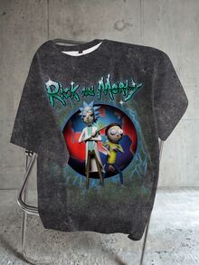 Rick and Morty X SHEIN تي شيرت رجالي بطبعة حروف وأشكال - أبيض - مشاهدة 1