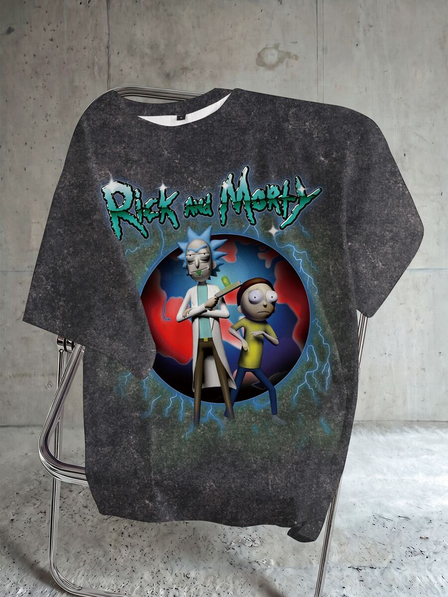 Rick and Morty X SHEIN تي شيرت رجالي بطبعة حروف وأشكال - أبيض - مشاهدة 1