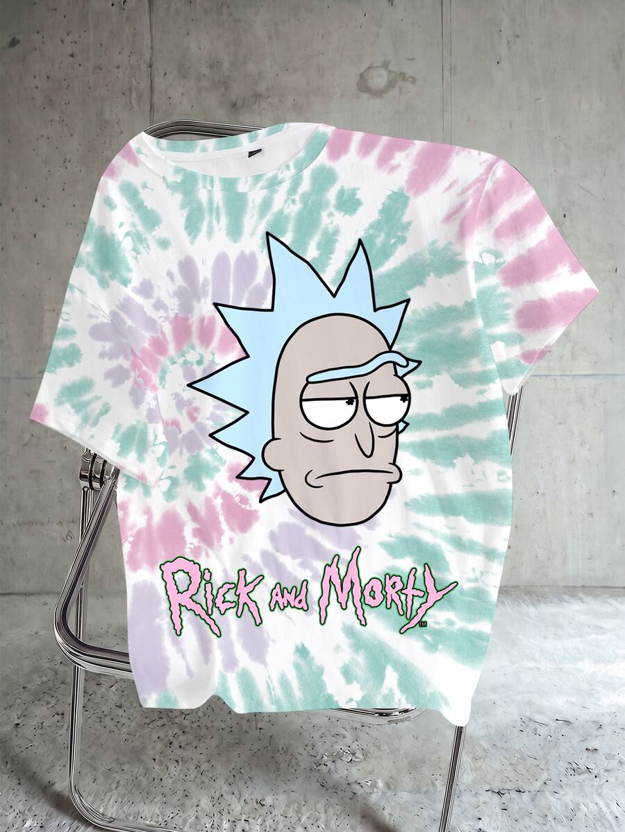 Rick and Morty X SHEIN Tie Dye Cartoon Graphic Short Sleeve Tee - White - View 1