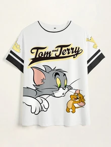 TOM & JERRY X SHEIN 大尺碼女款字母卡通印花圓領短袖休閒街頭風T恤 正式畢業季 白色與黃色 夏季 - 白色 - 查看 7