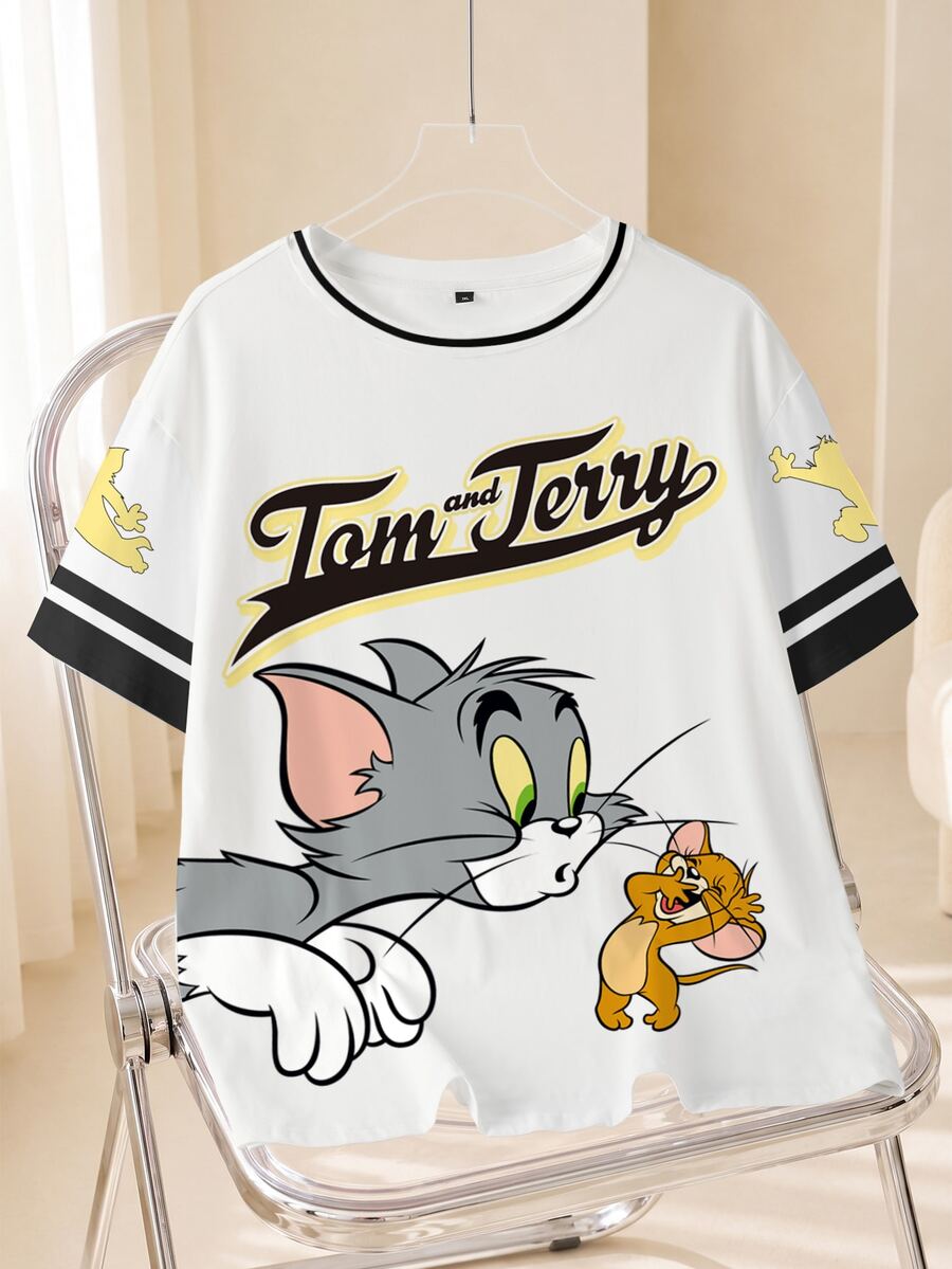 TOM & JERRY X SHEIN 大尺碼女款字母卡通印花圓領短袖休閒街頭風T恤 正式畢業季 白色與黃色 夏季 - 白色 - 查看 1