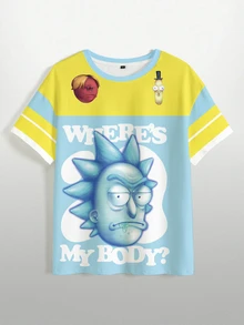 Rick and Morty X SHEIN 卡通與標語圖案拼色T恤 - 白色 - 查看 7