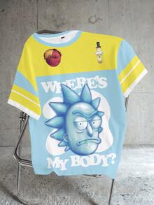 Rick and Morty X SHEIN 卡通與標語圖案拼色T恤 - 白色 - 查看 1