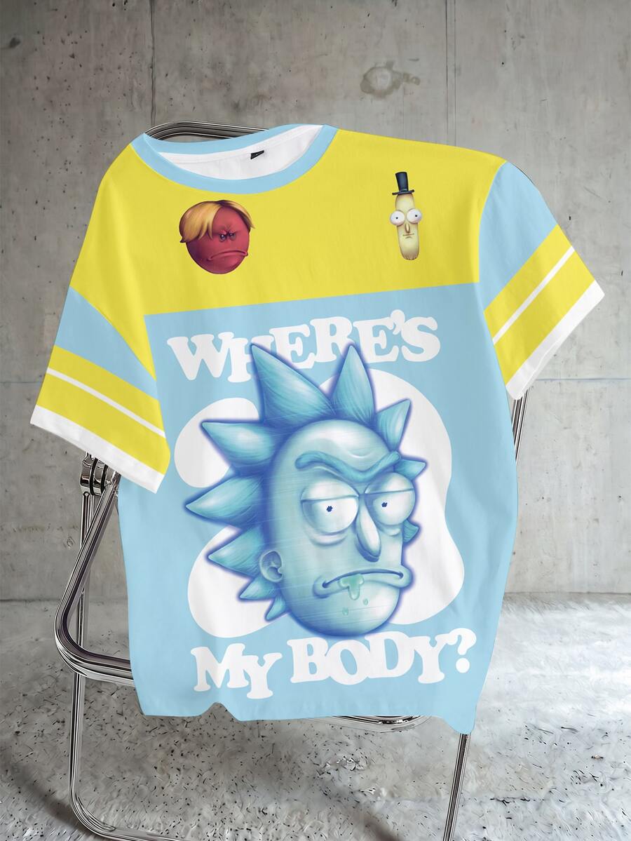 Rick and Morty X SHEIN 卡通與標語圖案拼色T恤 - 白色 - 查看 1