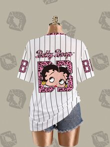 Betty Boop x SHEIN Plus Size Leopard Letter Striped & Cartoon Figure Graphic Tee - White - View 8