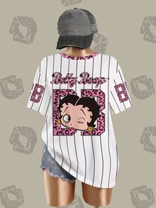 Betty Boop x SHEIN Plus Size Leopard Letter Striped & Cartoon Figure Graphic Tee - White - View 3