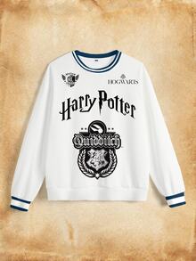 HARRY POTTER X SHEIN Sweatshirt Wanita Kerah Bulat dengan Cetakan Lencana Huruf - Putih - View 6