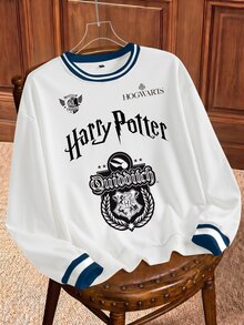 HARRY POTTER X SHEIN Sweatshirt Wanita Kerah Bulat dengan Cetakan Lencana Huruf - Putih - View 1