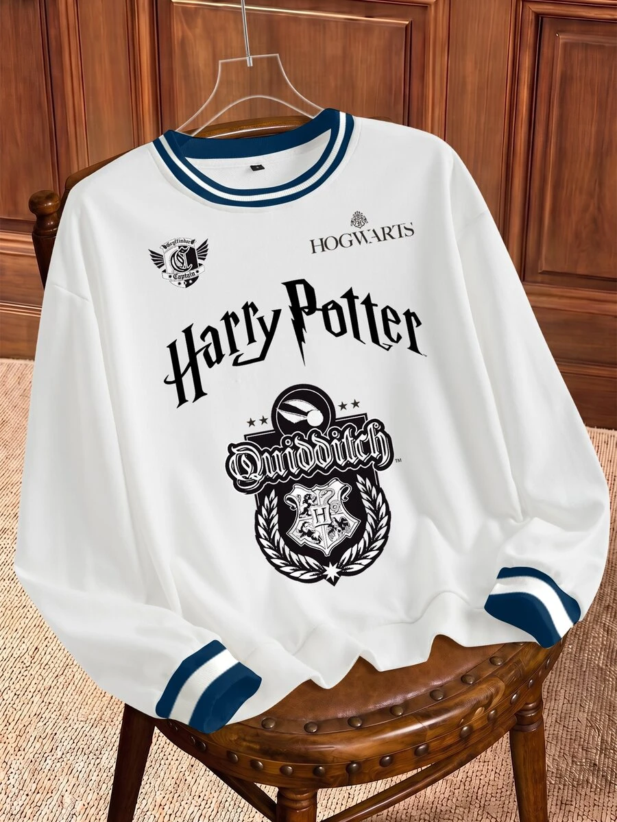 HARRY POTTER X SHEIN Sweatshirt Wanita Kerah Bulat dengan Cetakan Lencana Huruf - Putih - View 1