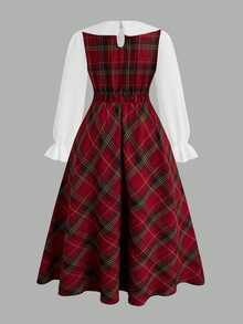 Sweetra Plus Size Bow Tie, Peter Pan Collar Colorblock Plaid Long Sleeve A-Line Dress Fall - Multicolor - View 2