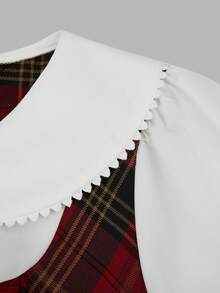 Sweetra Plus Size Bow Tie, Peter Pan Collar Colorblock Plaid Long Sleeve A-Line Dress Fall - Multicolor - View 4