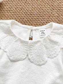 PrepCrw Baby Girl Solid Color Round Neck Long Sleeve Pullover White Embroidered Collar Top Autumn Baby Shower Elegant Cute - White - View 4