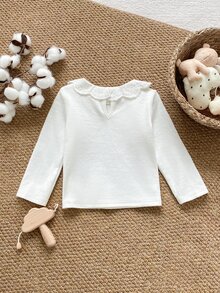 PrepCrw Baby Girl Solid Color Round Neck Long Sleeve Pullover White Embroidered Collar Top Autumn Baby Shower Elegant Cute - White - View 2
