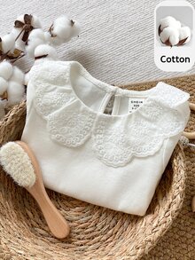 PrepCrw Baby Girl Solid Color Round Neck Long Sleeve Pullover White Embroidered Collar Top Autumn Baby Shower Elegant Cute - White - View 3