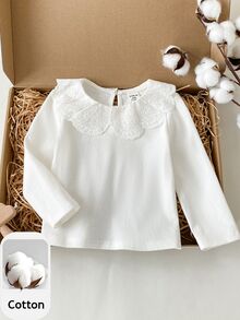 PrepCrw Baby Girl Solid Color Round Neck Long Sleeve Pullover White Embroidered Collar Top Autumn Baby Shower Elegant Cute - White - View 1
