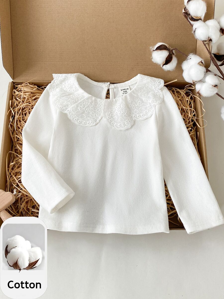 PrepCrw Baby Girl Solid Color Round Neck Long Sleeve Pullover White Embroidered Collar Top Autumn Baby Shower Elegant Cute - White - View 1