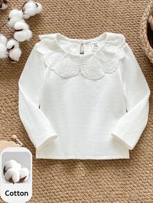 PrepCrw Baby Girl Solid Color Round Neck Long Sleeve Pullover White Embroidered Collar Top Autumn Baby Shower Elegant Cute - White - View 5