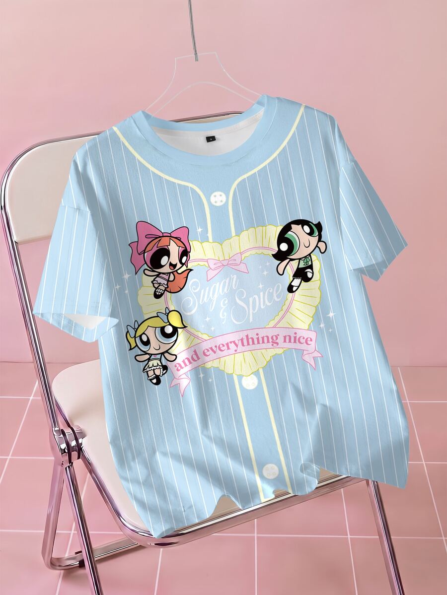 THE POWERPUFF GIRLS X SHEIN 女款夏季休閒條紋卡通印花T恤 - 白色 - 查看 1