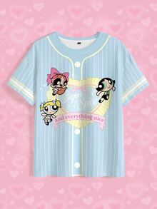 THE POWERPUFF GIRLS X SHEIN 女款夏季休閒條紋卡通印花T恤 - 白色 - 查看 7