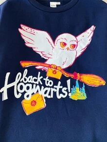 PrepCrw HARRY POTTER X SHEIN 1 conjunto de moletom pullover de gola redonda azul marinho com padrão Hedwig em tricô solto, estilo casual, fofo, preppy, elegante e delicado, com saia xadrez argyle verde, para menina tween - Multicolorido - Visão 4