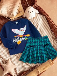 PrepCrw HARRY POTTER X SHEIN 1 conjunto de moletom pullover de gola redonda azul marinho com padrão Hedwig em tricô solto, estilo casual, fofo, preppy, elegante e delicado, com saia xadrez argyle verde, para menina tween - Multicolorido - Visão 7