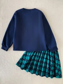 PrepCrw HARRY POTTER X SHEIN 1 conjunto de moletom pullover de gola redonda azul marinho com padrão Hedwig em tricô solto, estilo casual, fofo, preppy, elegante e delicado, com saia xadrez argyle verde, para menina tween - Multicolorido - Visão 3