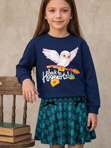 PrepCrw HARRY POTTER X SHEIN 1 conjunto de moletom pullover de gola redonda azul marinho com padrão Hedwig em tricô solto, estilo casual, fofo, preppy, elegante e delicado, com saia xadrez argyle verde, para menina tween - Multicolorido - Visão 8