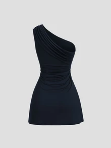 Sweetra Gaun Mini Wanita Seksi dengan Bahu Asimetris, Pinggang Berkerut, dan Hiasan Gesper Logam, Musim Semi/Panas, Wanita Bertubuh Mungil - Navy Blue - View 2