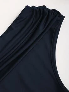 Sweetra Gaun Mini Wanita Seksi dengan Bahu Asimetris, Pinggang Berkerut, dan Hiasan Gesper Logam, Musim Semi/Panas, Wanita Bertubuh Mungil - Navy Blue - View 7