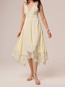 Willow Rêve Women's Yellow Embroidered Asymmetrical Hem Dress, Romantic Style, Valentine's Day, Boho Style, Suitable For Dating, Picnic, Embroidered Dress - Pale Yellow - View 5