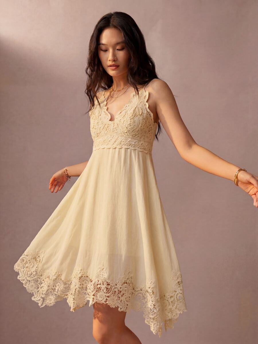 Willow Rêve Women's Yellow Embroidered Asymmetrical Hem Dress, Romantic Style, Valentine's Day, Boho Style, Suitable For Dating, Picnic, Embroidered Dress - Pale Yellow - View 1