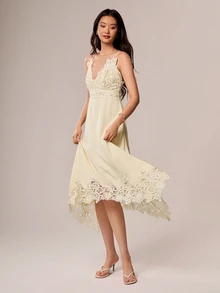 Willow Rêve Women's Yellow Embroidered Asymmetrical Hem Dress, Romantic Style, Valentine's Day, Boho Style, Suitable For Dating, Picnic, Embroidered Dress - Pale Yellow - View 2