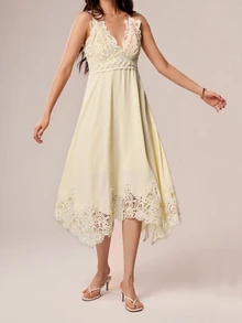 Willow Rêve Women's Yellow Embroidered Asymmetrical Hem Dress, Romantic Style, Valentine's Day, Boho Style, Suitable For Dating, Picnic, Embroidered Dress - Pale Yellow - View 4