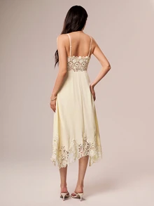 Willow Rêve Women's Yellow Embroidered Asymmetrical Hem Dress, Romantic Style, Valentine's Day, Boho Style, Suitable For Dating, Picnic, Embroidered Dress - Pale Yellow - View 3