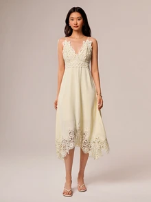 Willow Rêve Women's Yellow Embroidered Asymmetrical Hem Dress, Romantic Style, Valentine's Day, Boho Style, Suitable For Dating, Picnic, Embroidered Dress - Pale Yellow - View 6