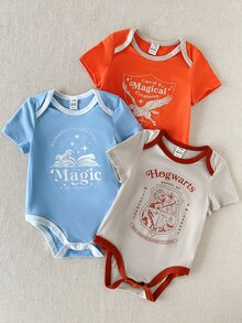 PrepCrw HARRY POTTER X SHEIN 男嬰 2010pcs 柔軟泡棉 西式純色 橘色 白色 酒紅色 嬰兒男童 圖案印花 短袖圓領連身衣 派對 夏季 - 彩色 - 查看 11